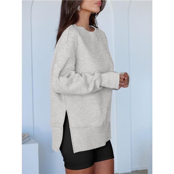 Side Slit Round Neck Long Sleeve Sweatshirt - Picture 5 of 16